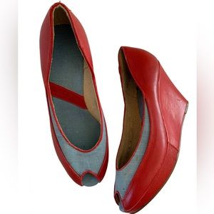 Rare 70s Red Leather Denim Wedges